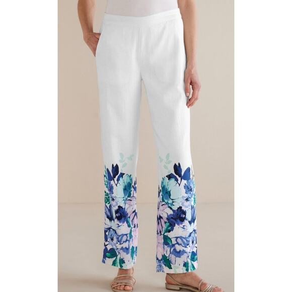 Coldwater Creek Linen Ronna Wide Leg Pants White border blue floral lined XL - Picture 1 of 10